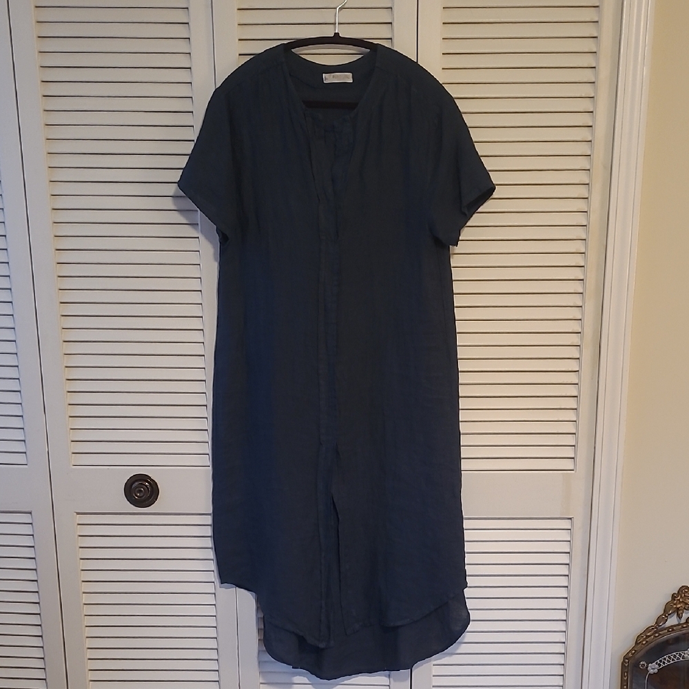 Puro Lino Dark Washed Blue 100% Linen High-Low Hem Dress Size L